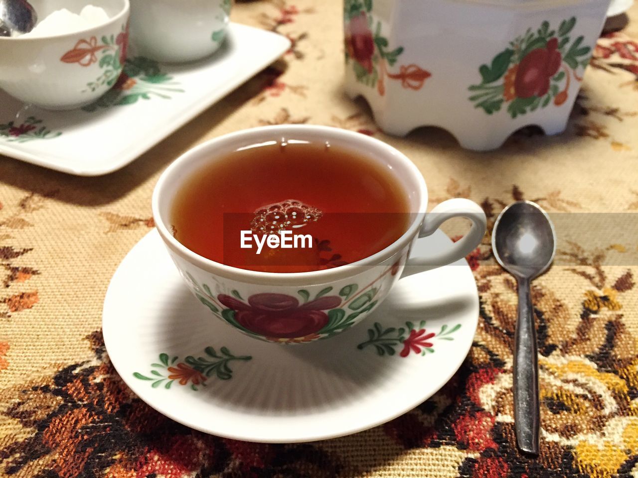 High angle view of tea served on table