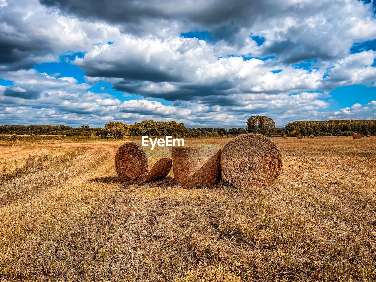 Hay bales on field against sky