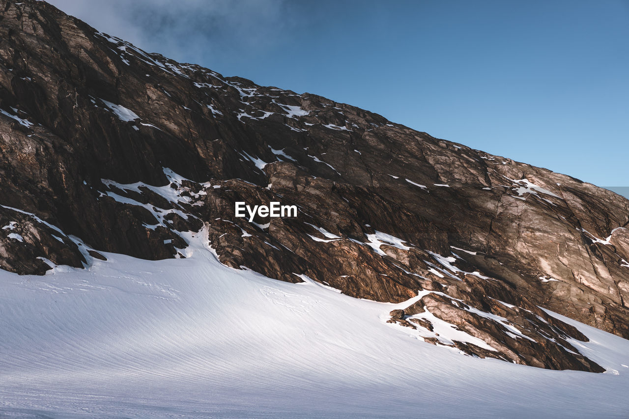 Snow on a mountain top with light covered smooth rocks.