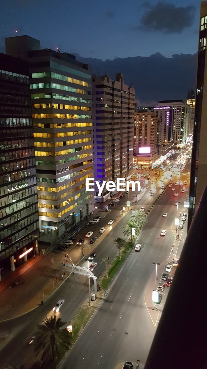 High angle view of city at dusk