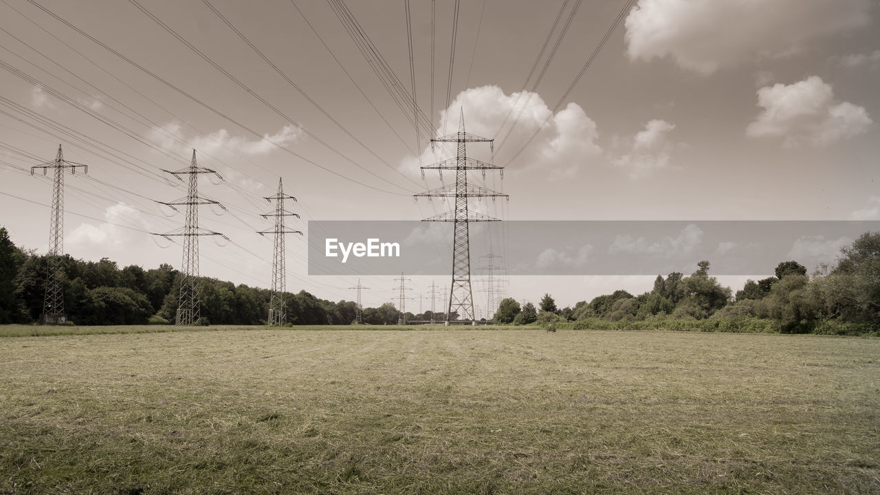 Electricity pylons in the freshly mowed floodplains. colorkey editing focuses on the green.
