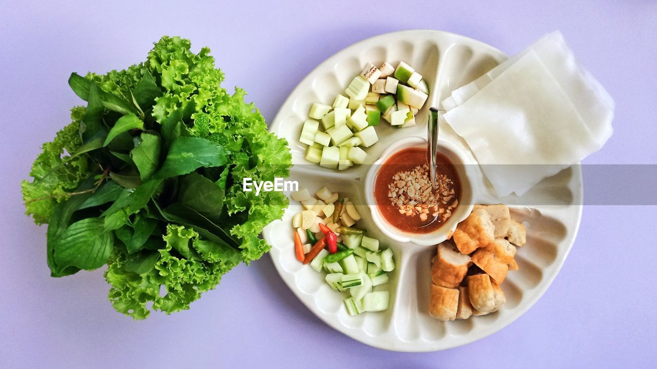 High angle view of breakfast served on table