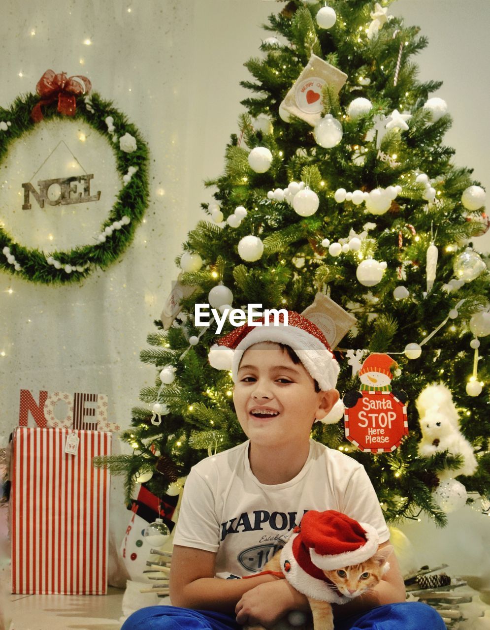 Portrait of smiling boy with cat sitting against christmas tree