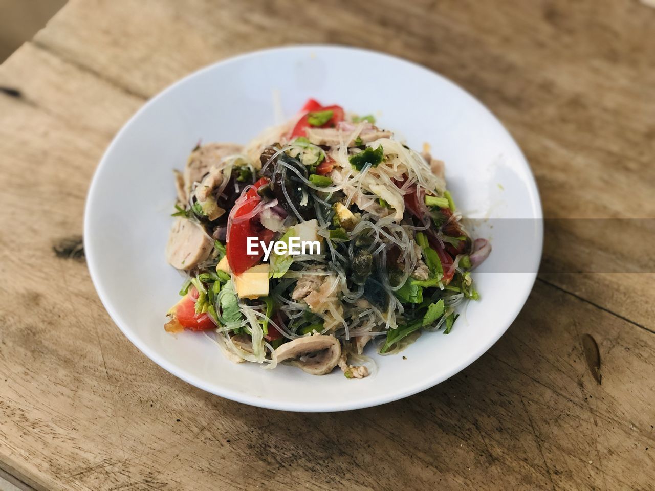 High angle view of meal served in plate on table