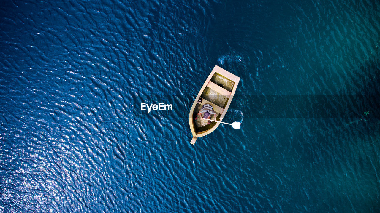 Directly above shot of man in boat on sea