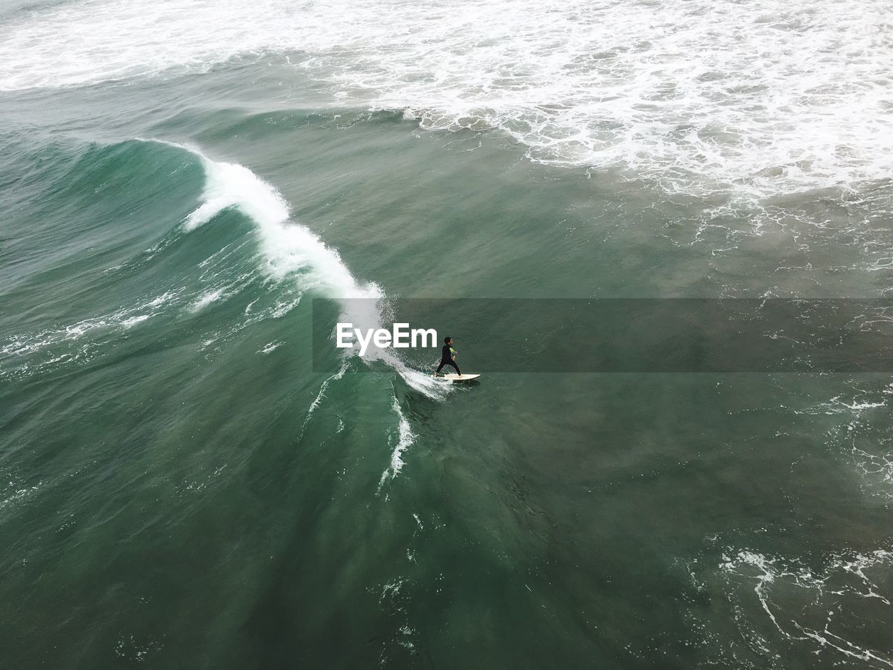 High angle view of boy surfing on sea