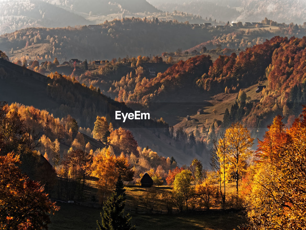 Scenic view of mountains against sky during autumn