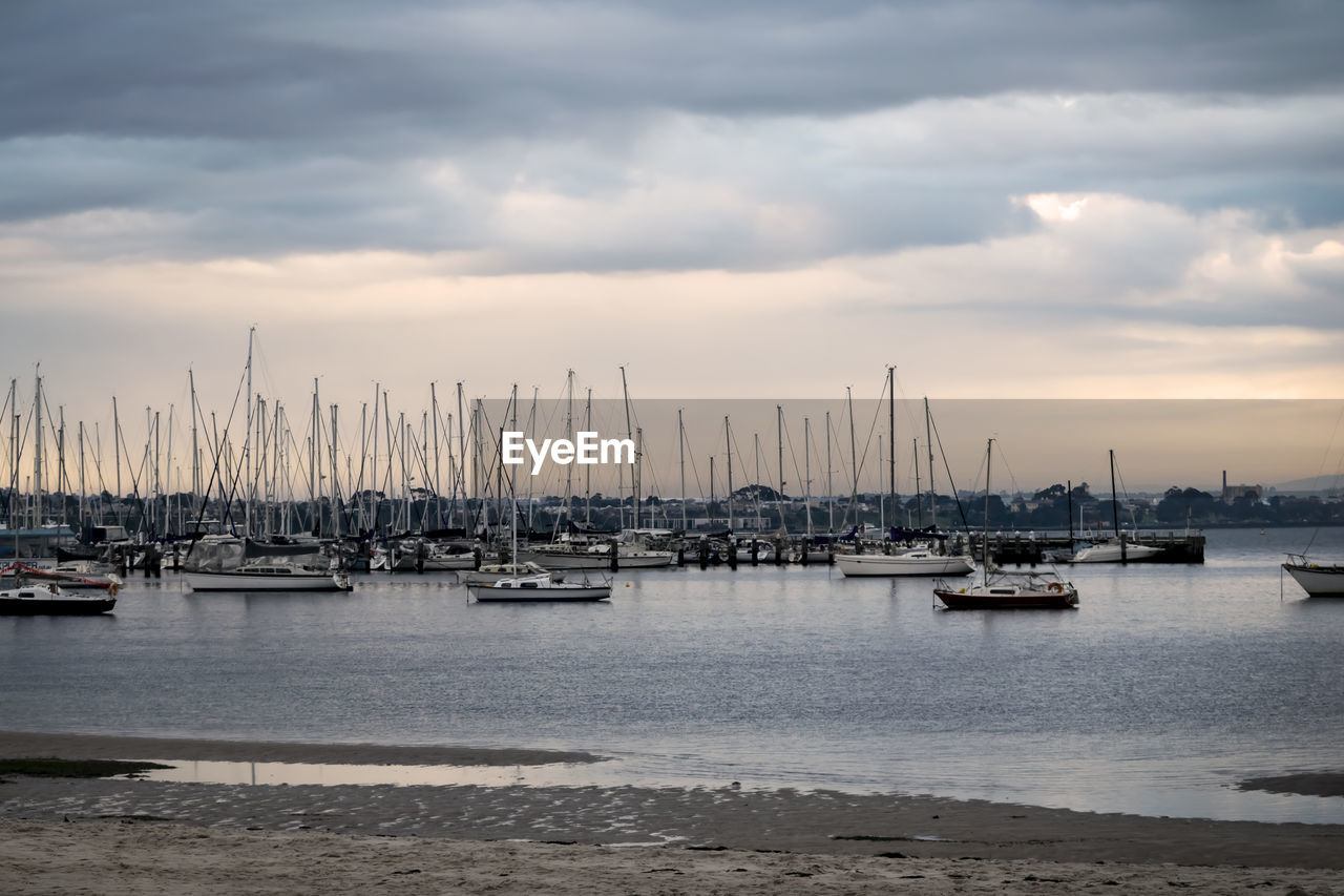 Sailboats moored in harbor against sky