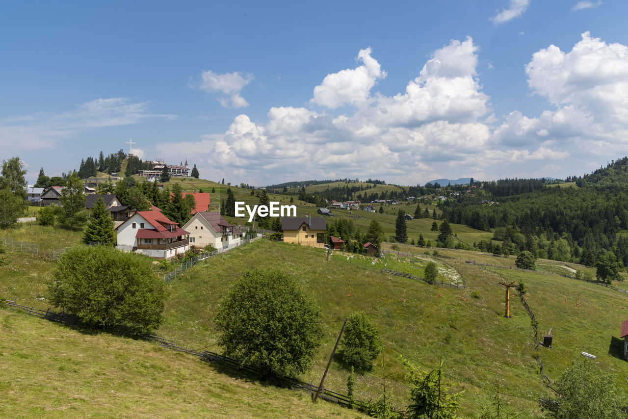 Panoramic shot of trees and buildings against sky