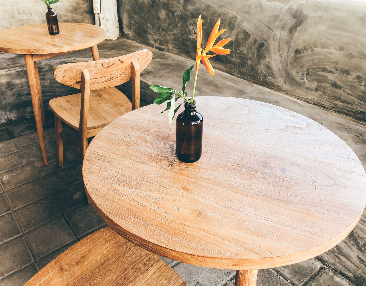 HIGH ANGLE VIEW OF POTTED PLANT ON WOODEN TABLE WITH CHAIRS