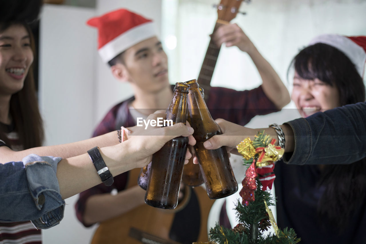 Friends toasting drinks during christmas party