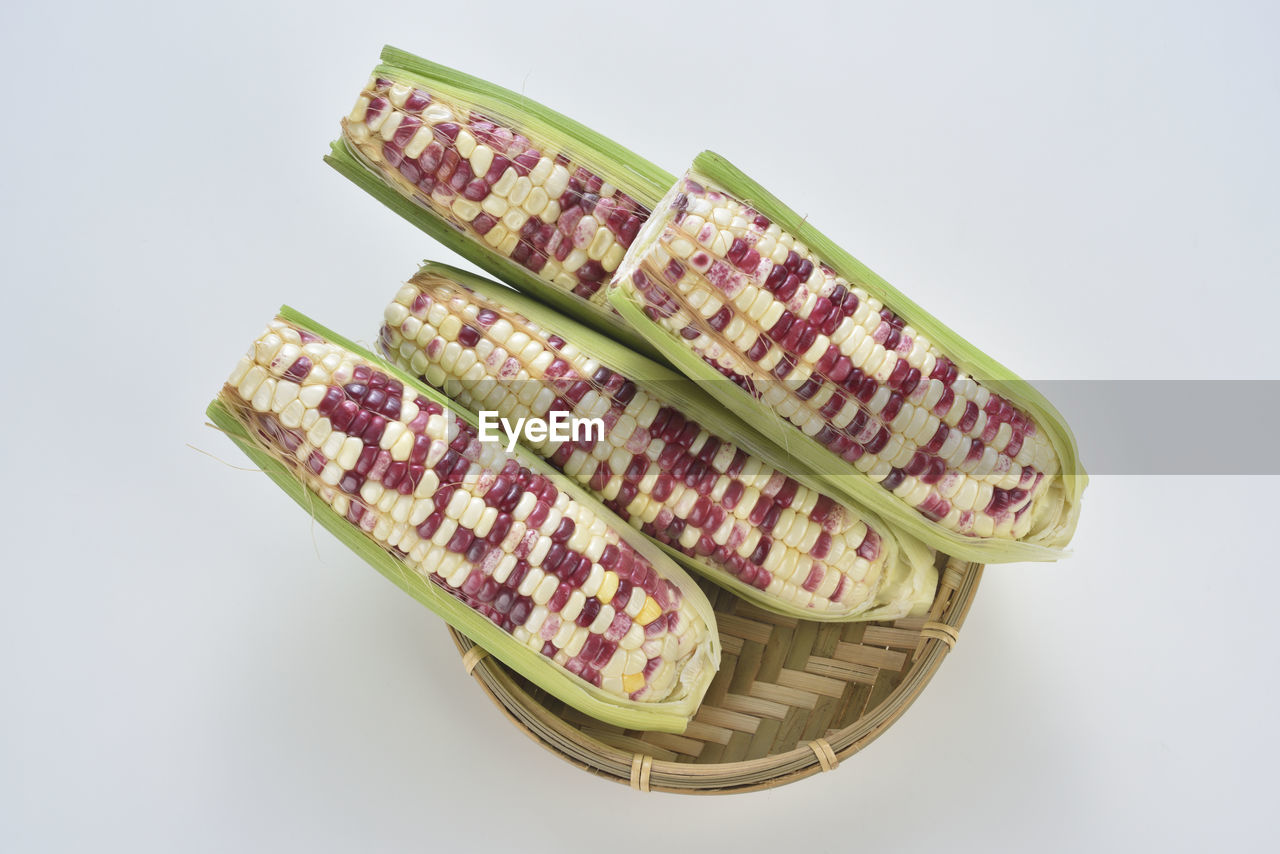 HIGH ANGLE VIEW OF FOOD ON WHITE BACKGROUND