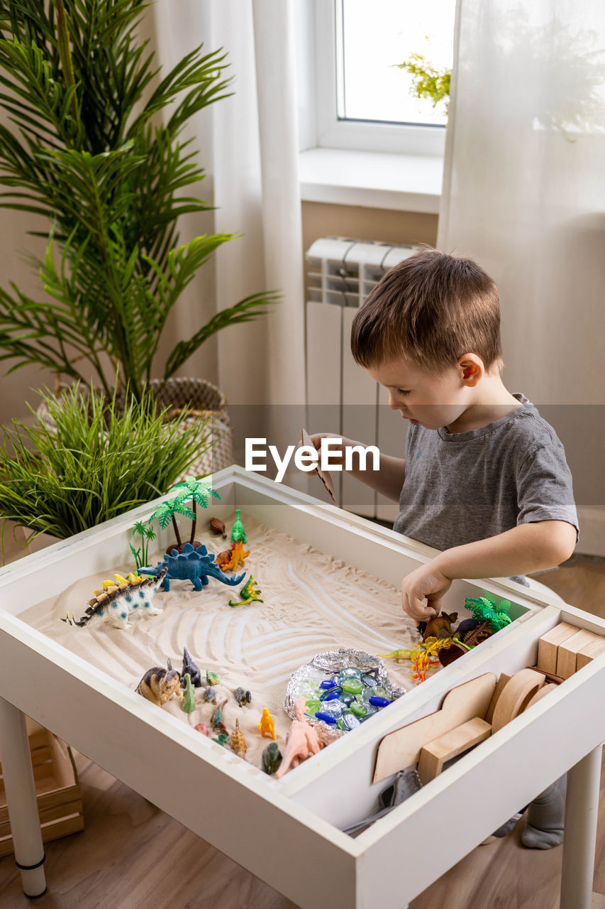 side view of boy playing with toys on table at home