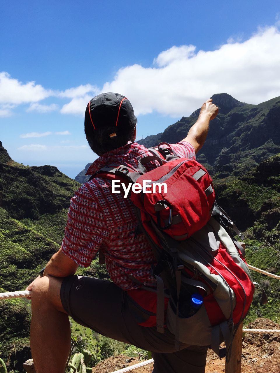 Rear view of hiker pointing at mountain