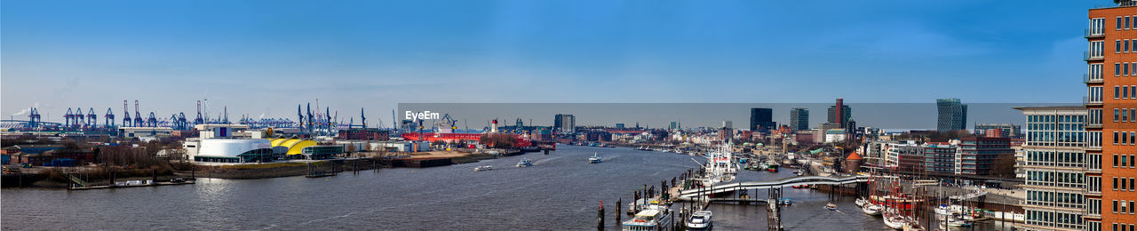 Panorama of a hamburg harbour and port on a beautiful early spring day