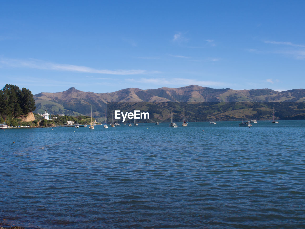 Sailboats moored on sea against blue sky