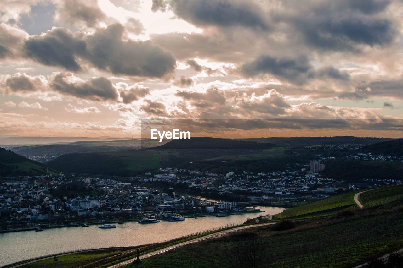 High angle view of city at sunset