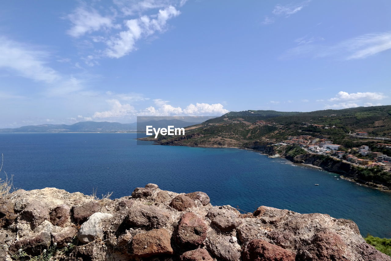 Scenic view of bay against sky