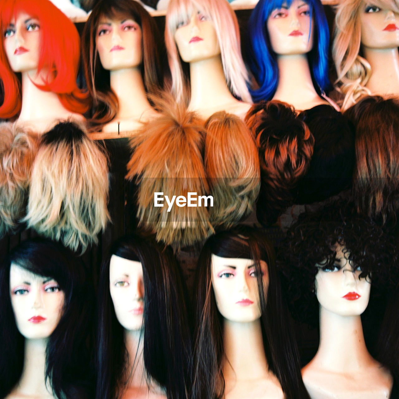Full frame shot of wigs for sale in store