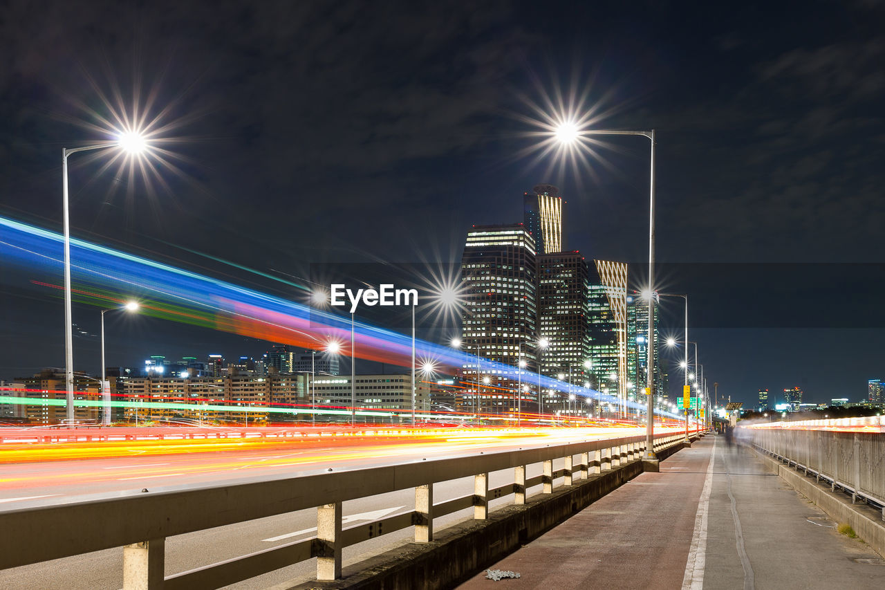 Light trails on road at night