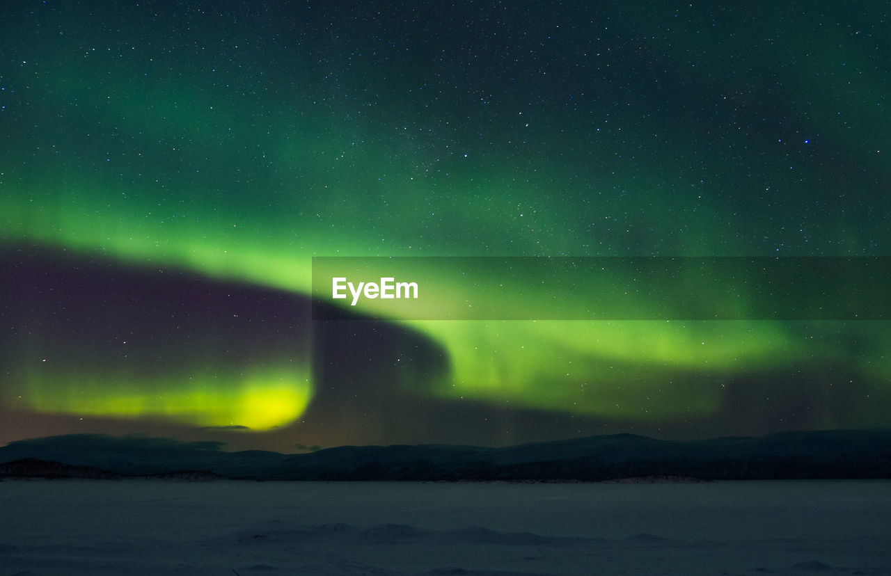 Scenic view of northern lights and star field against sky at night