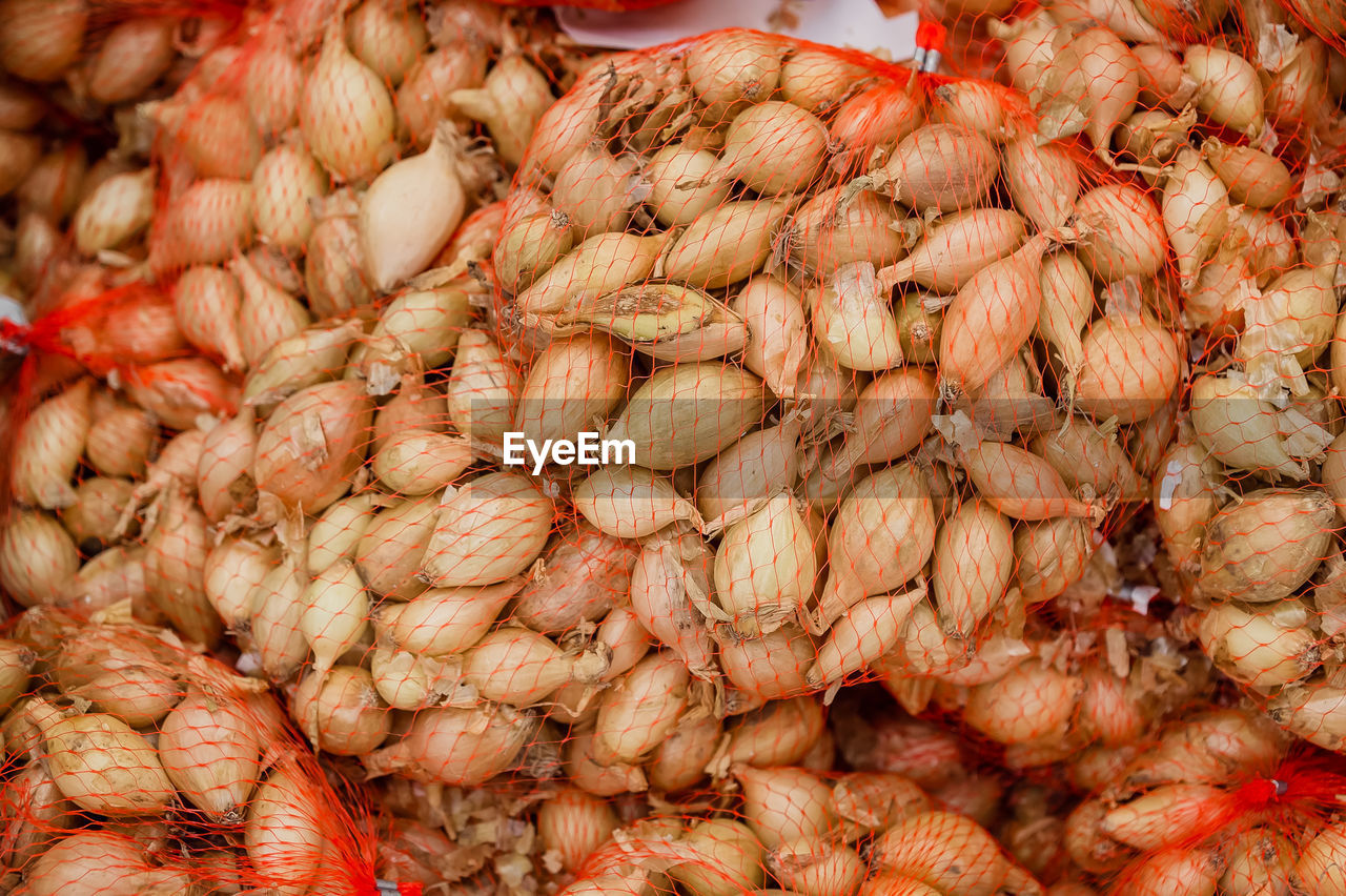 Onions in large bags. storage and drying of large bulbs