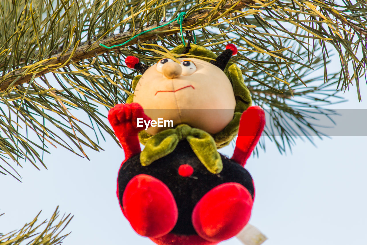 Low angle view of toy hanging on christmas tree