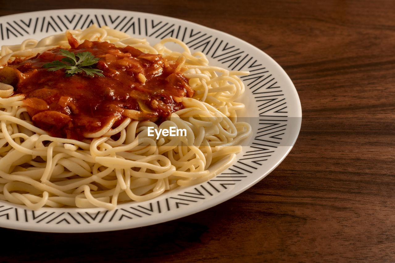 Close-up of noodles served in plate