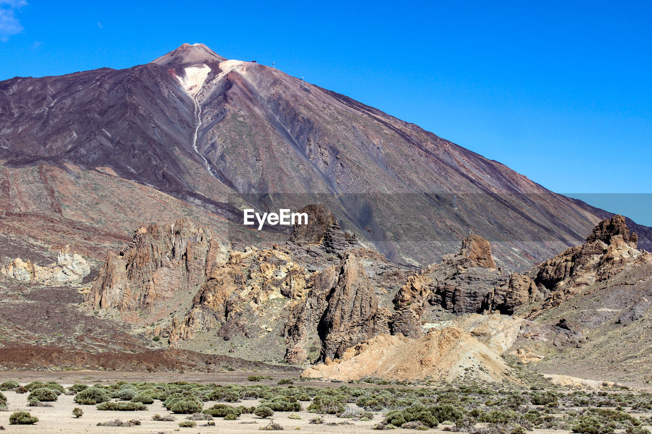 Scenic view of mountains against clear blue sky