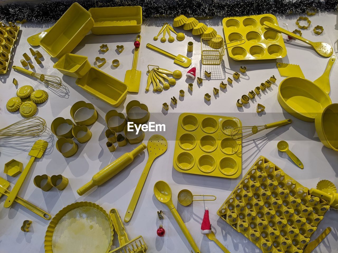 High angle view of kitchen utensils on table