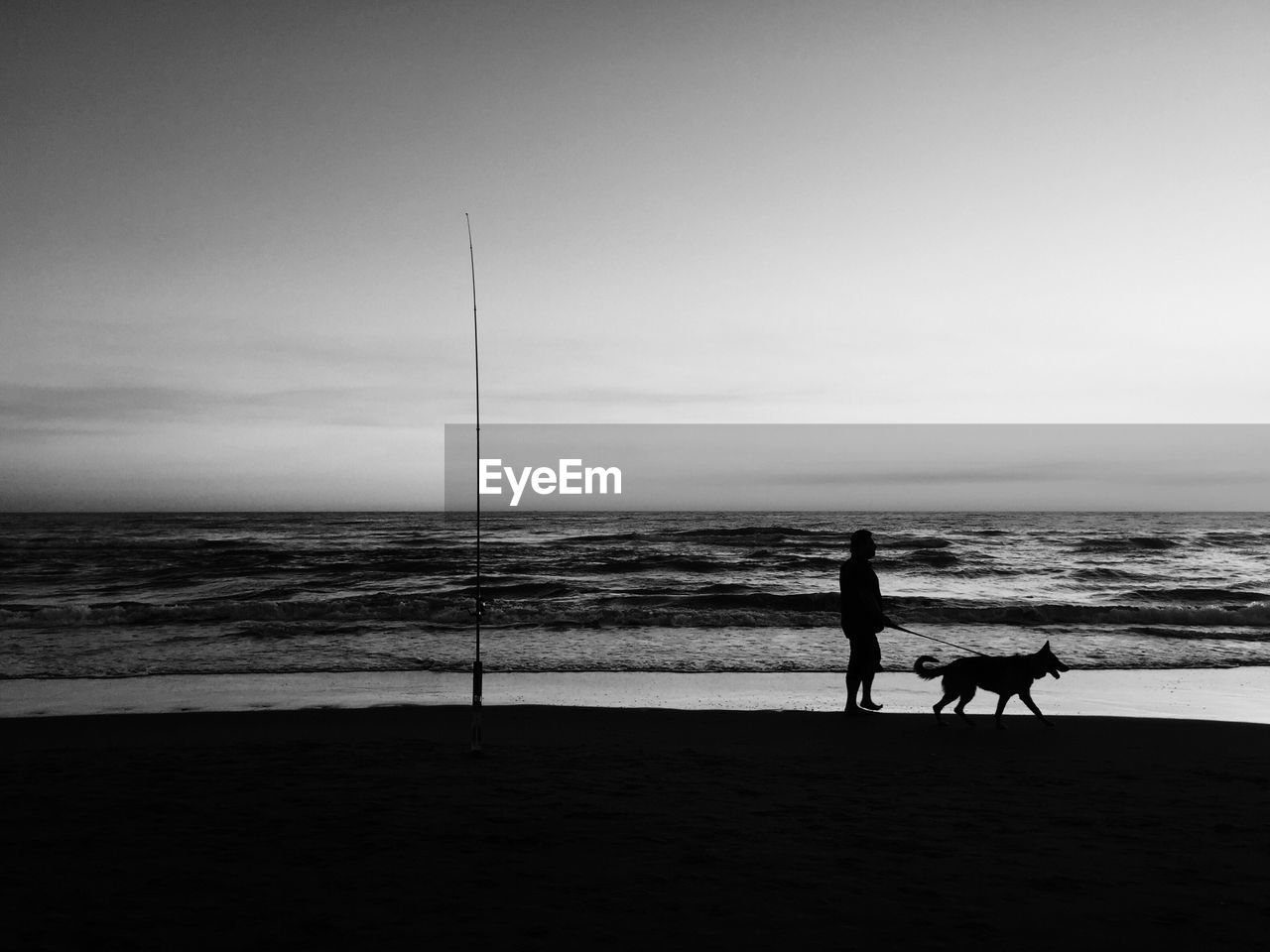 Silhouette man and dog on beach against sky