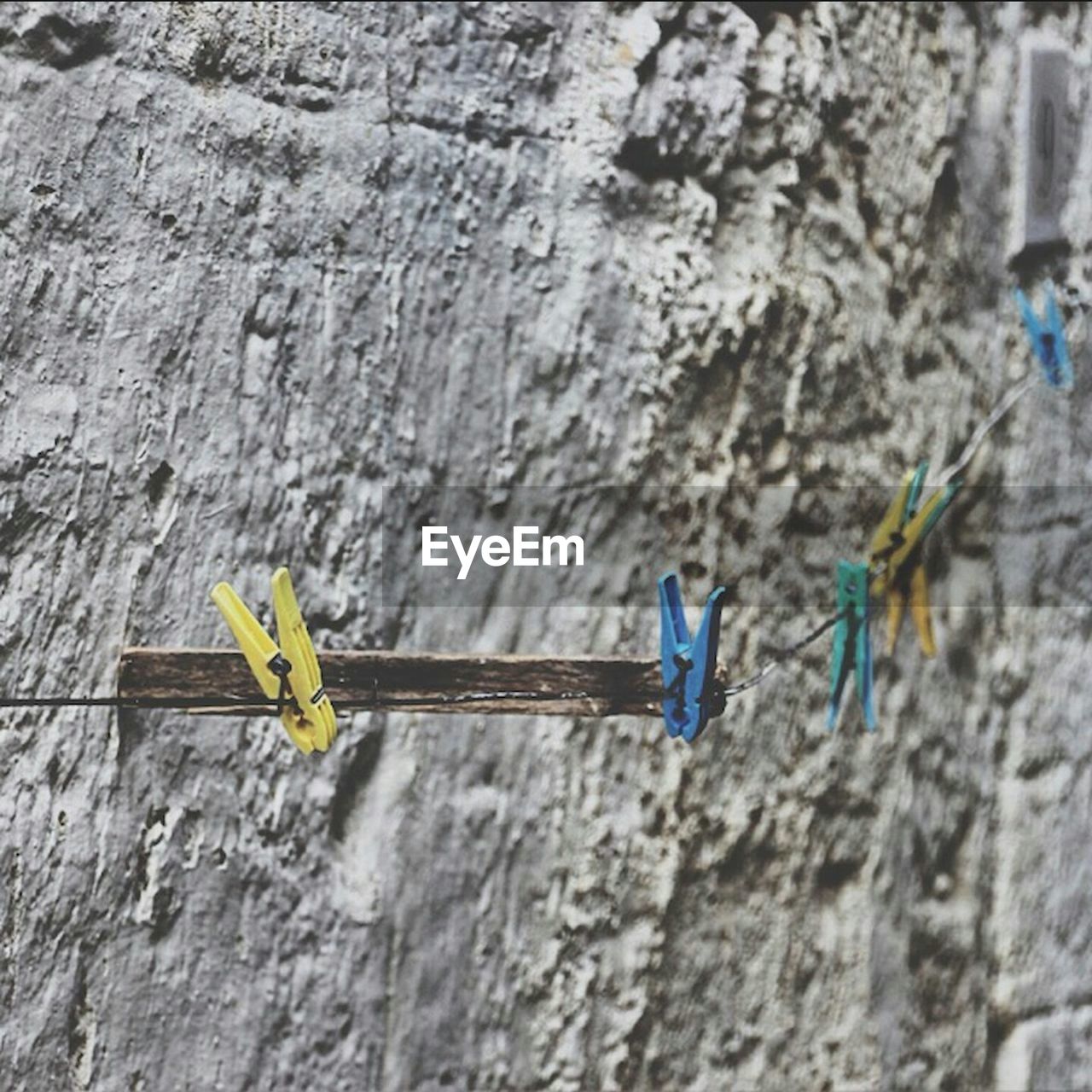 Close-up of clothespins on metal string against rough wall