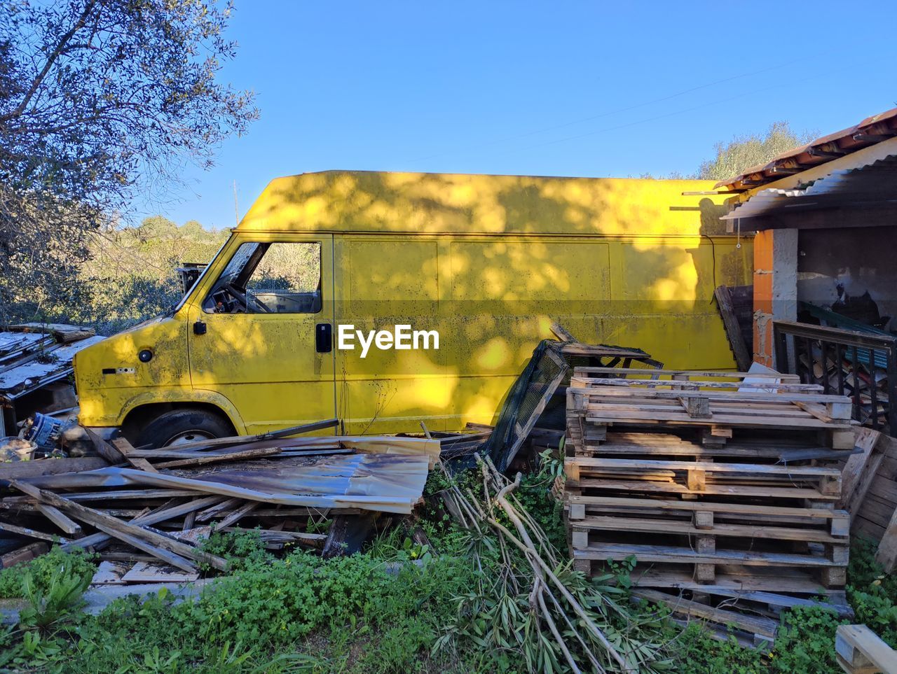 transport, yellow, mode of transportation, sky, transportation, nature, day, plant, no people, architecture, abandoned, vehicle, tree, built structure, old, damaged, blue, outdoors, clear sky, land vehicle, building exterior, land, rundown, building, sunlight, motor vehicle