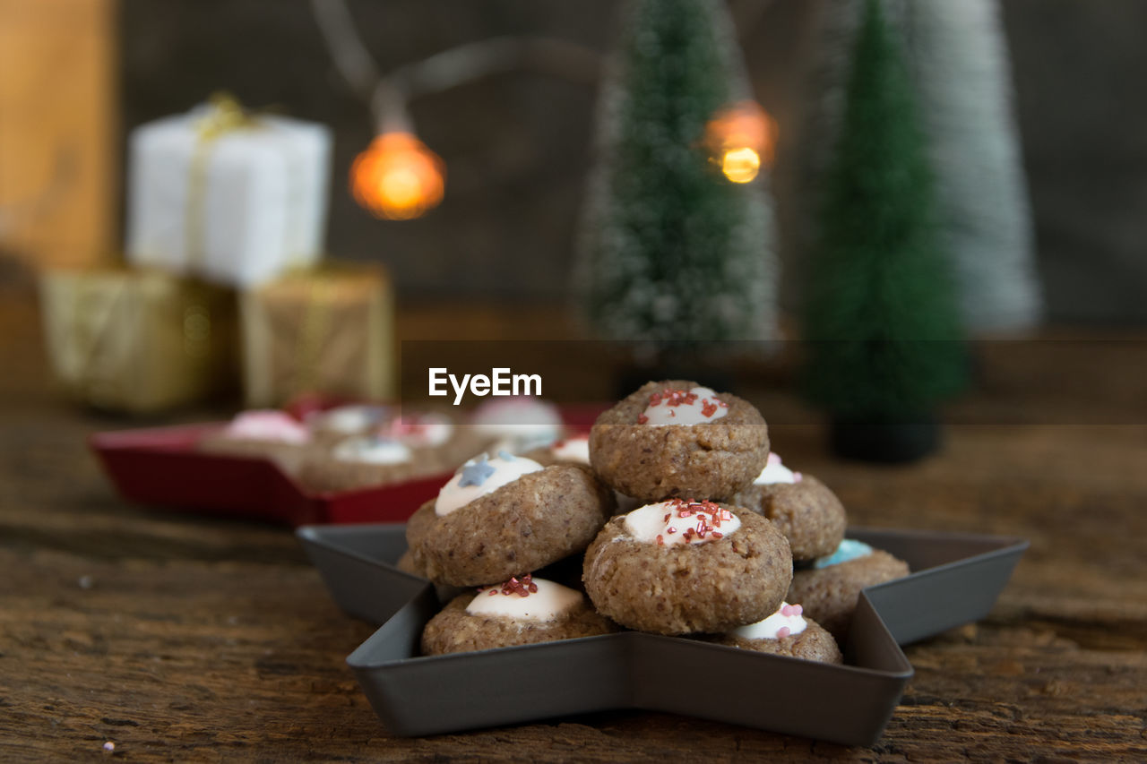 Close-up of christmas cookies on table