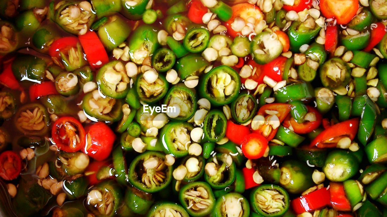 Close-up of slices of chili pepper