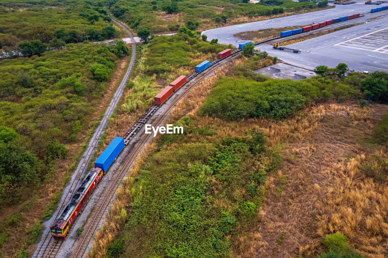 Container freight train in the port area.