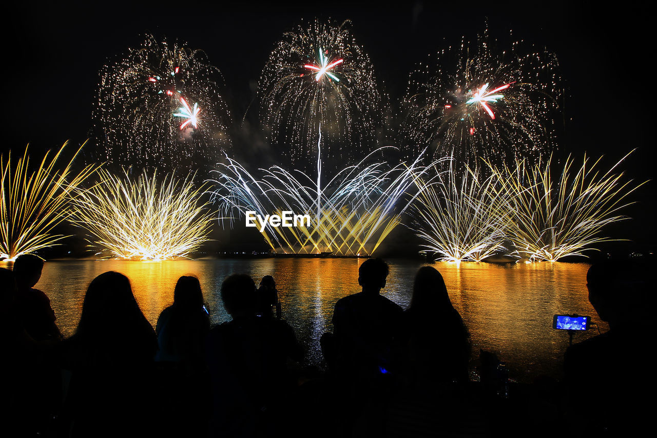 Silhouette people watching firework display at night