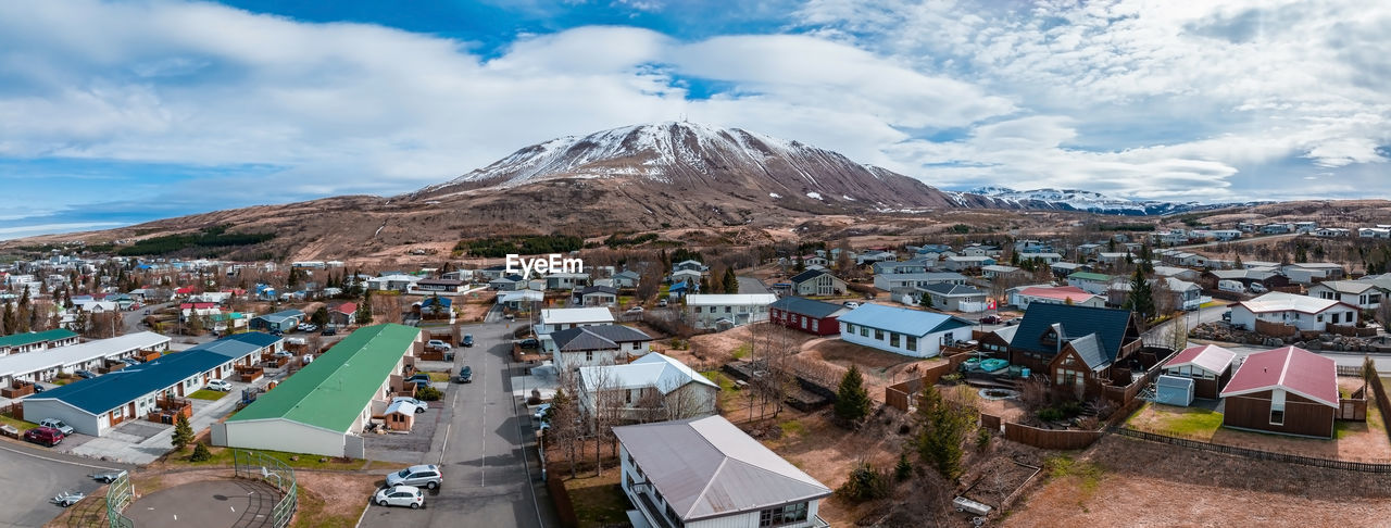 Aerial scenic view of the historic town of husavik