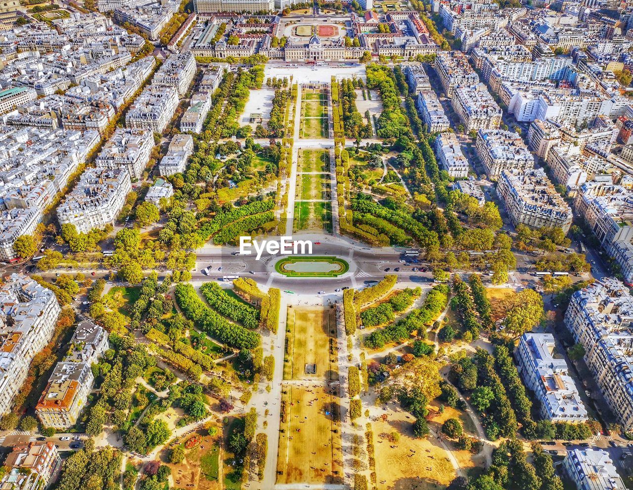 High angle view of paris field amidst buildings