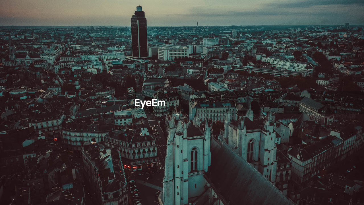 High angle view of nantes cathedral in city