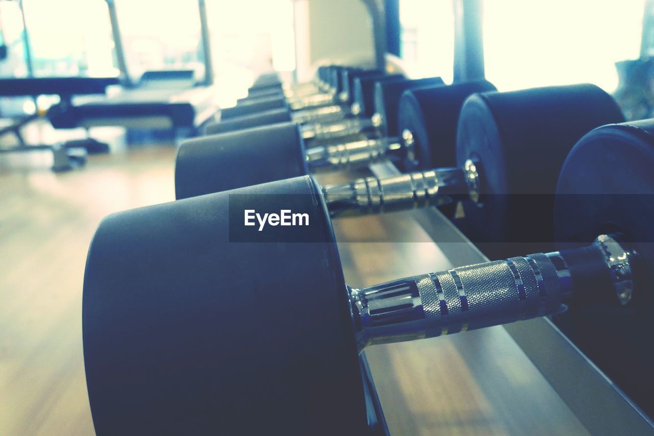 Dumbbells arranged on rack in gym