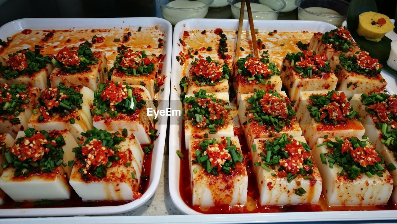 High angle view of food in containers on table