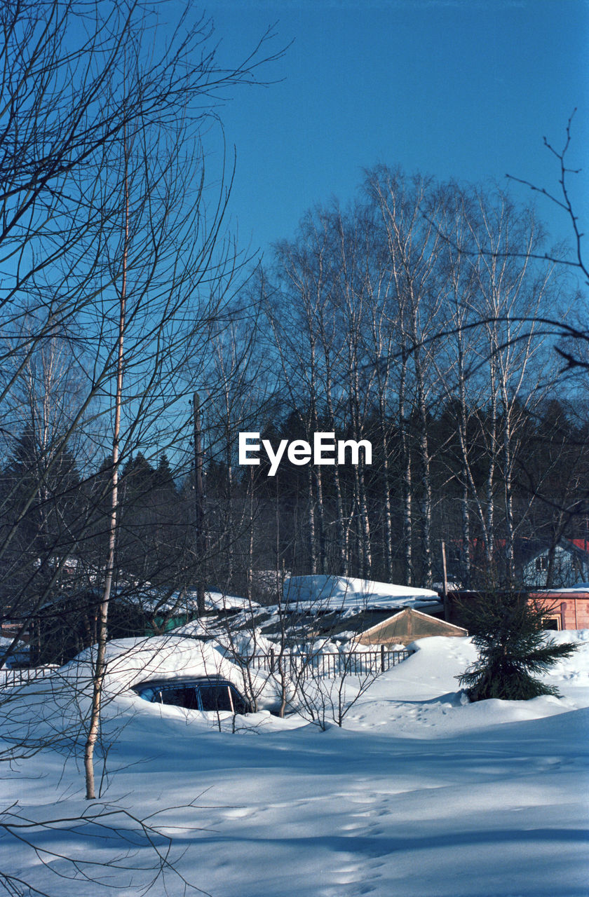winter, snow, cold temperature, tree, bare tree, nature, plant, no people, sky, environment, beauty in nature, freezing, frozen, scenics - nature, tranquility, architecture, white, tranquil scene, blue, landscape, day, land, outdoors, built structure, branch, building exterior, ice, non-urban scene, building, transportation