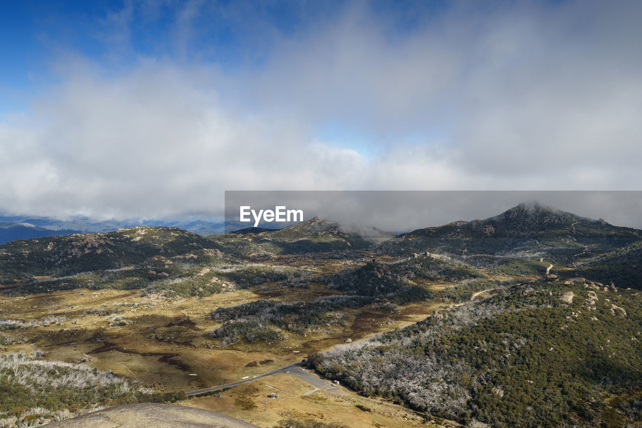 Scenic view of mountains against cloudy sky