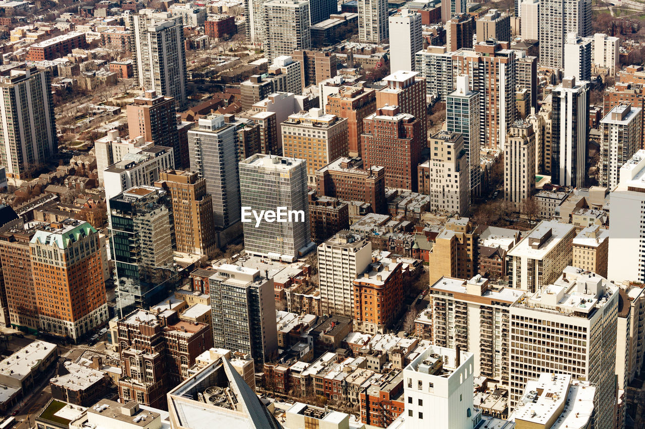 High angle view of modern buildings in city