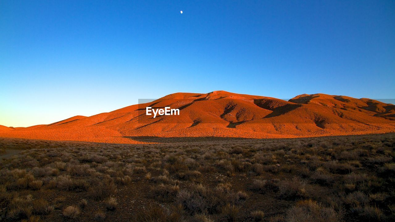 Scenic view of desert against clear blue sky