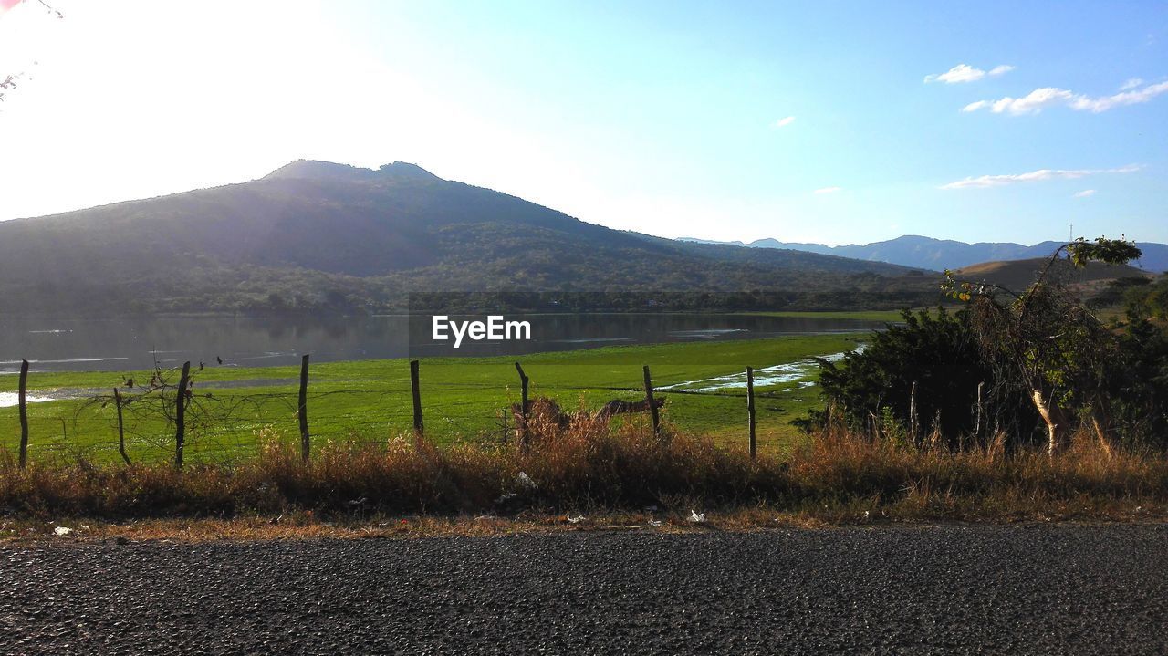 SCENIC VIEW OF FIELD AGAINST MOUNTAINS