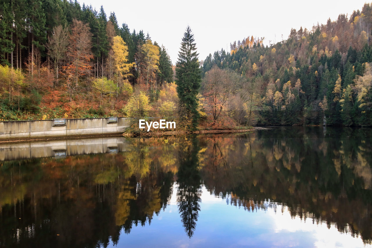 REFLECTION OF TREES IN LAKE AGAINST SKY DURING AUTUMN