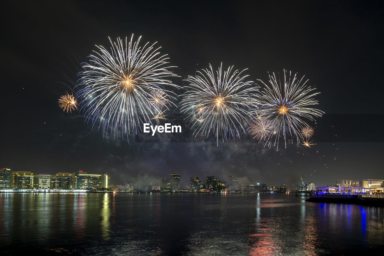 Fireworks above the lake in yas bay for golden jubilee uae national day celebrations in abu dhabi