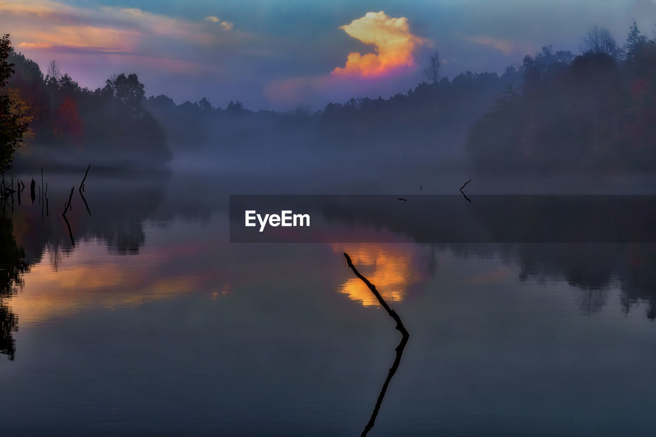 Scenic view of lake against sky during sunset